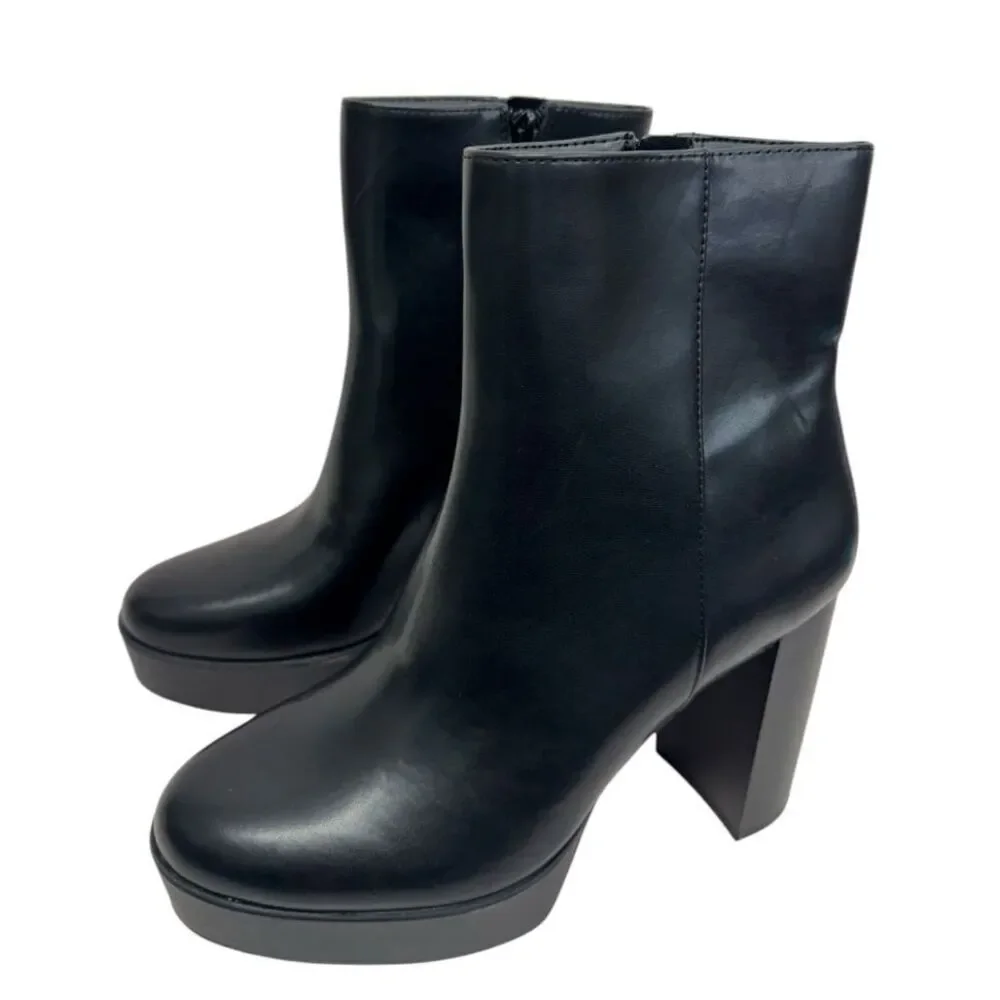 Alfani Boots Size 10‎ Black Almond Toe Faux Leather High Heel Side Zip NEW